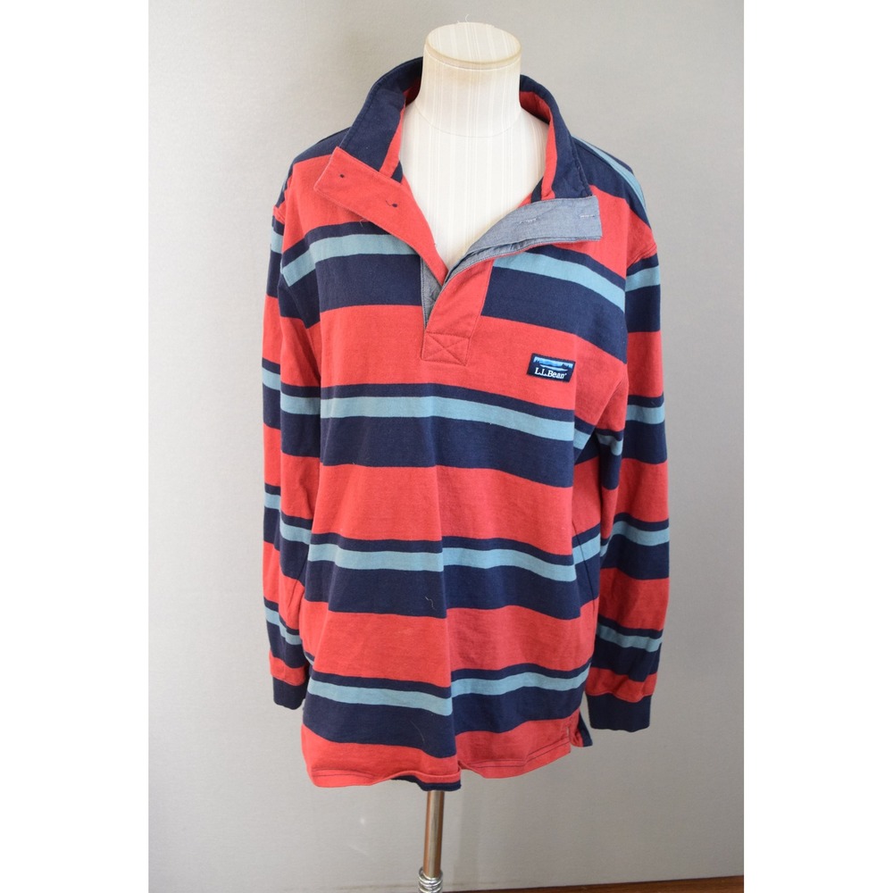 LL Bean Rugby Shirt Medium MensReg Navy Red Blue Stripe Long Sleeve Cotton